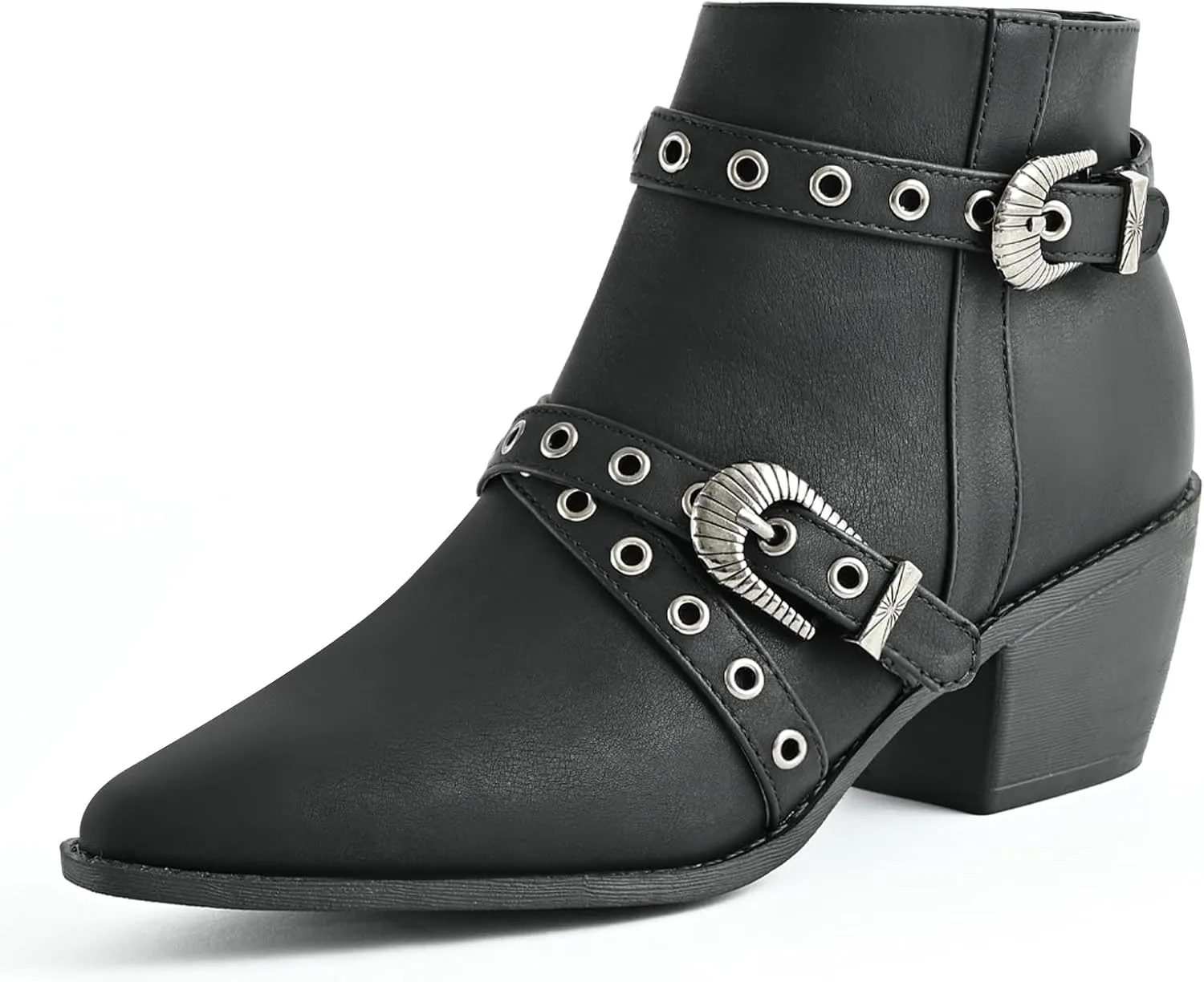 Ankle Boots for Women Chunky heels Booties with Side Zipper Eyelet Straps Almond Toe Short Boots,Black,Size 10