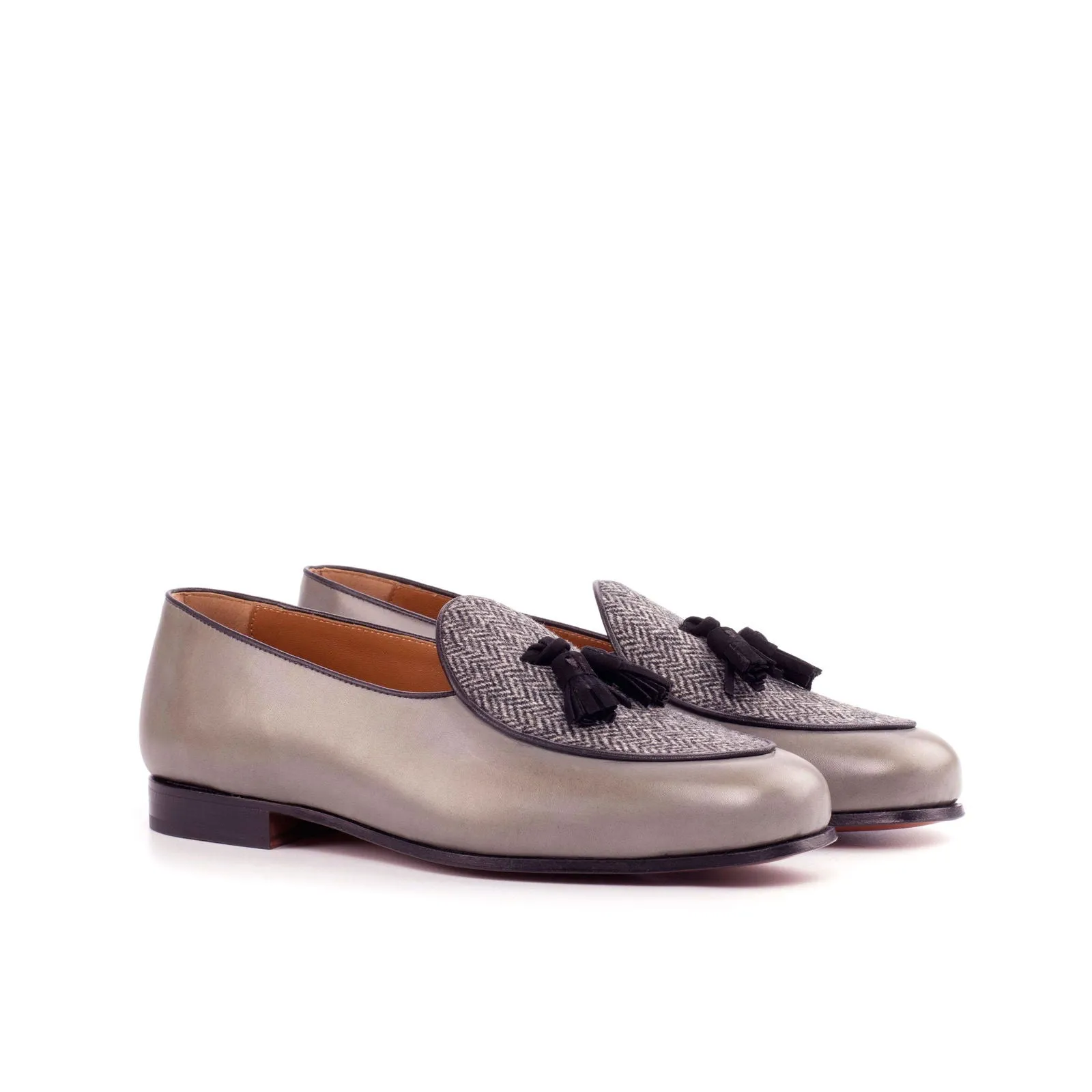 Belgian Slipper-Kid Suede, Painted Calf, Sartorial, Black, Grey-Wholesale