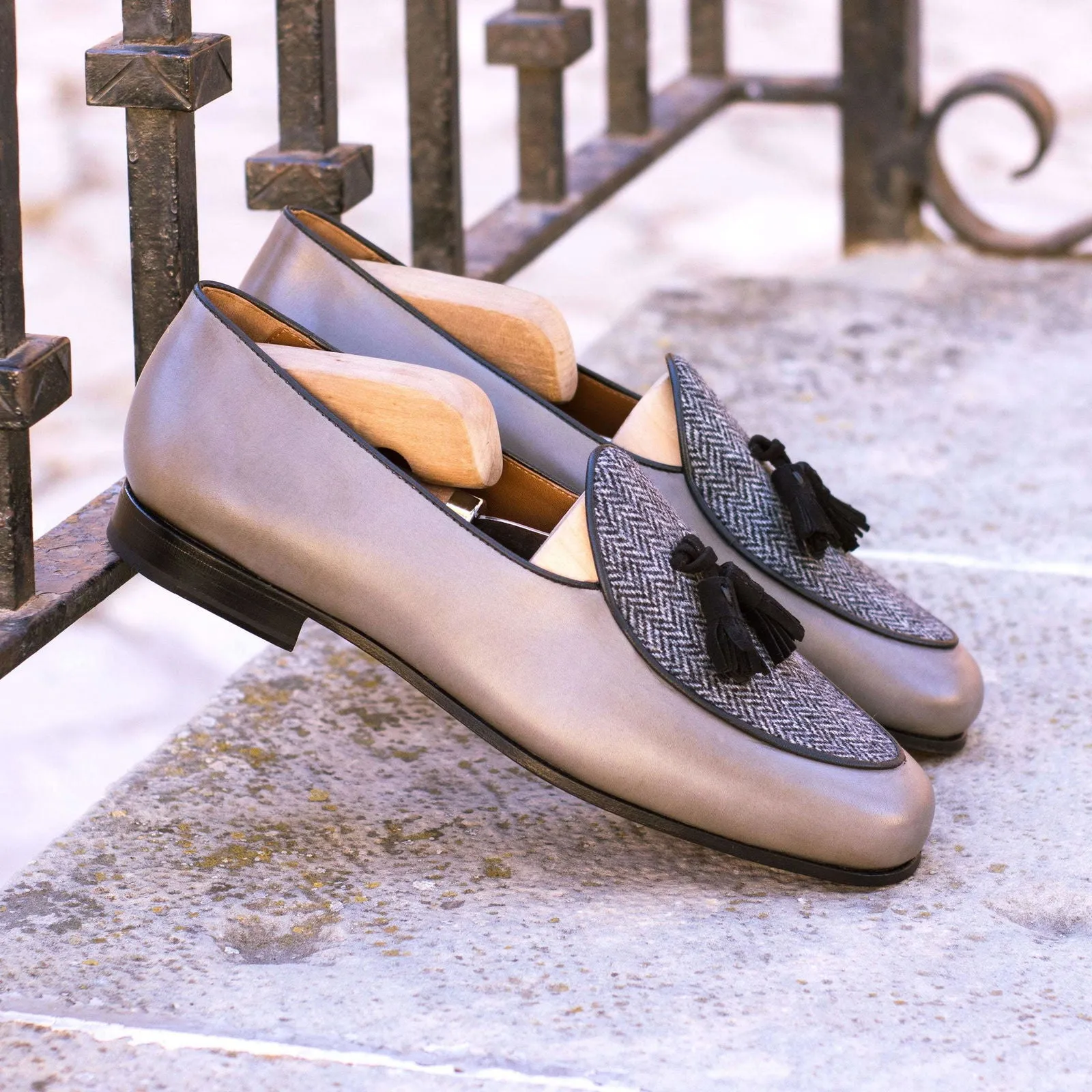 Belgian Slipper-Kid Suede, Painted Calf, Sartorial, Black, Grey-Wholesale