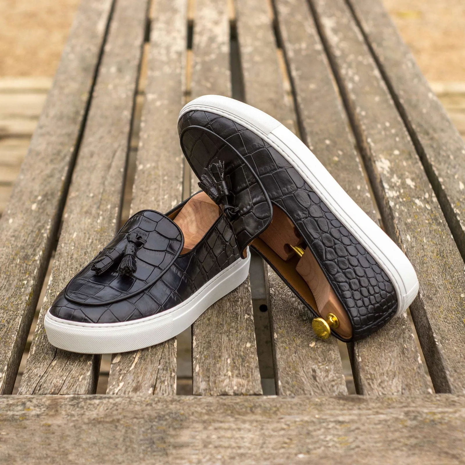 Belgian Sneaker-Painted Croco, Black-Wholesale