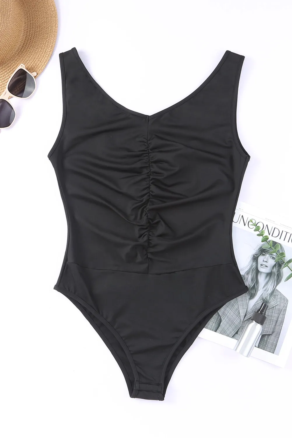 Black V Neck Sleeveless Ruched Bodysuit