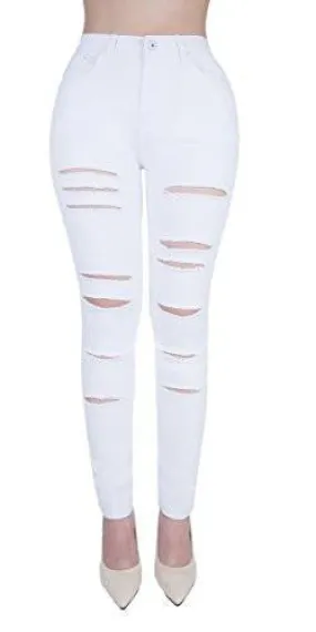 Casual Ripped Holes Skinny Jeans Jeggings Straight Fit Denim Pants Us 4 White 1