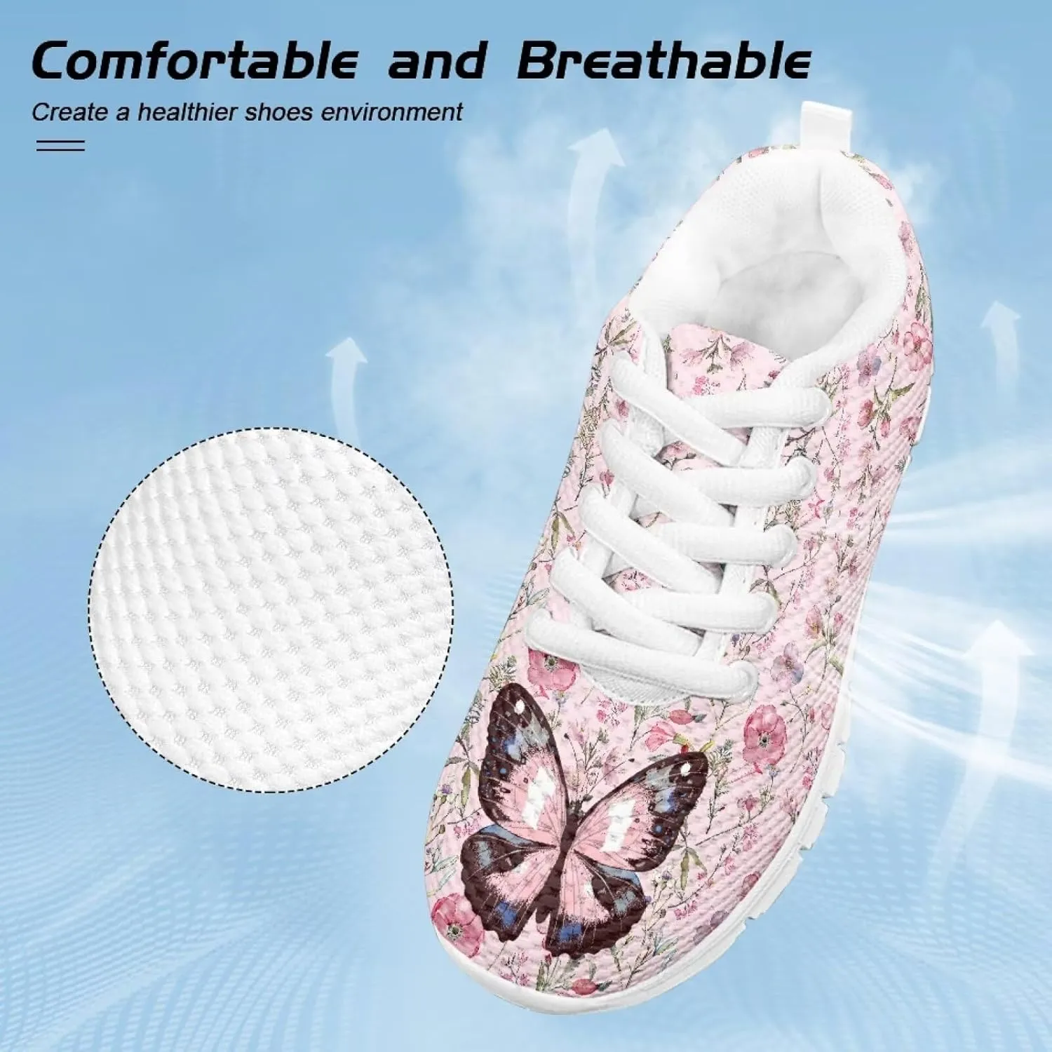 Children's Butterfly Sneaker Soft Lightweight Non-Slip Athletic Hiking Shoes for Big Kids Breathable Lace-Up Walking Sneaker for Litter Kids US 11-5