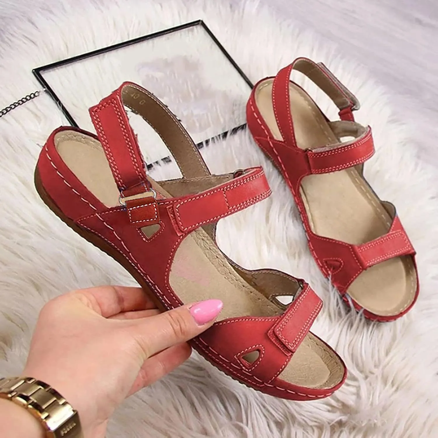 Eduavar Sandals for Women Dressy, Women Sandals Comfortable Low Wedge Sandals Ankle Strap Sandals Peep Toe Shoes