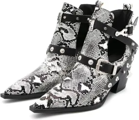 FAIRSOMA Women'S Cutout Snakeskin Chunky Heels Ankle Boots With Double Buckle,Casual Cutout Stacked Mid-Heels Pointed Toe Chelsea Western Booties Dress Jeans Booties