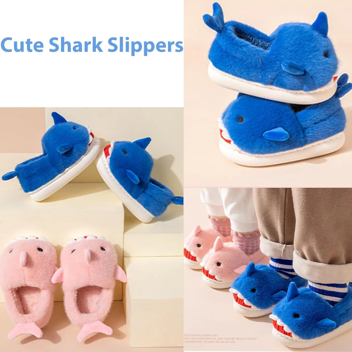 Fiedaz Boys Girls Shark Slippers for Toddler Kids - Cute Plush Warm Non-Slip Indoor Bedroom Winter Shoes