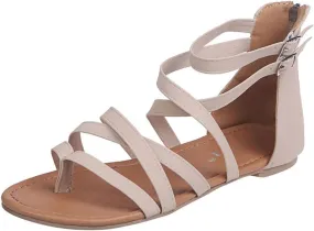 Gladiator Strappy Sandals for Women Thong Cross Strap Sandals Dressy Summer Comfortable Flat Roman Sandal with Back Zipper