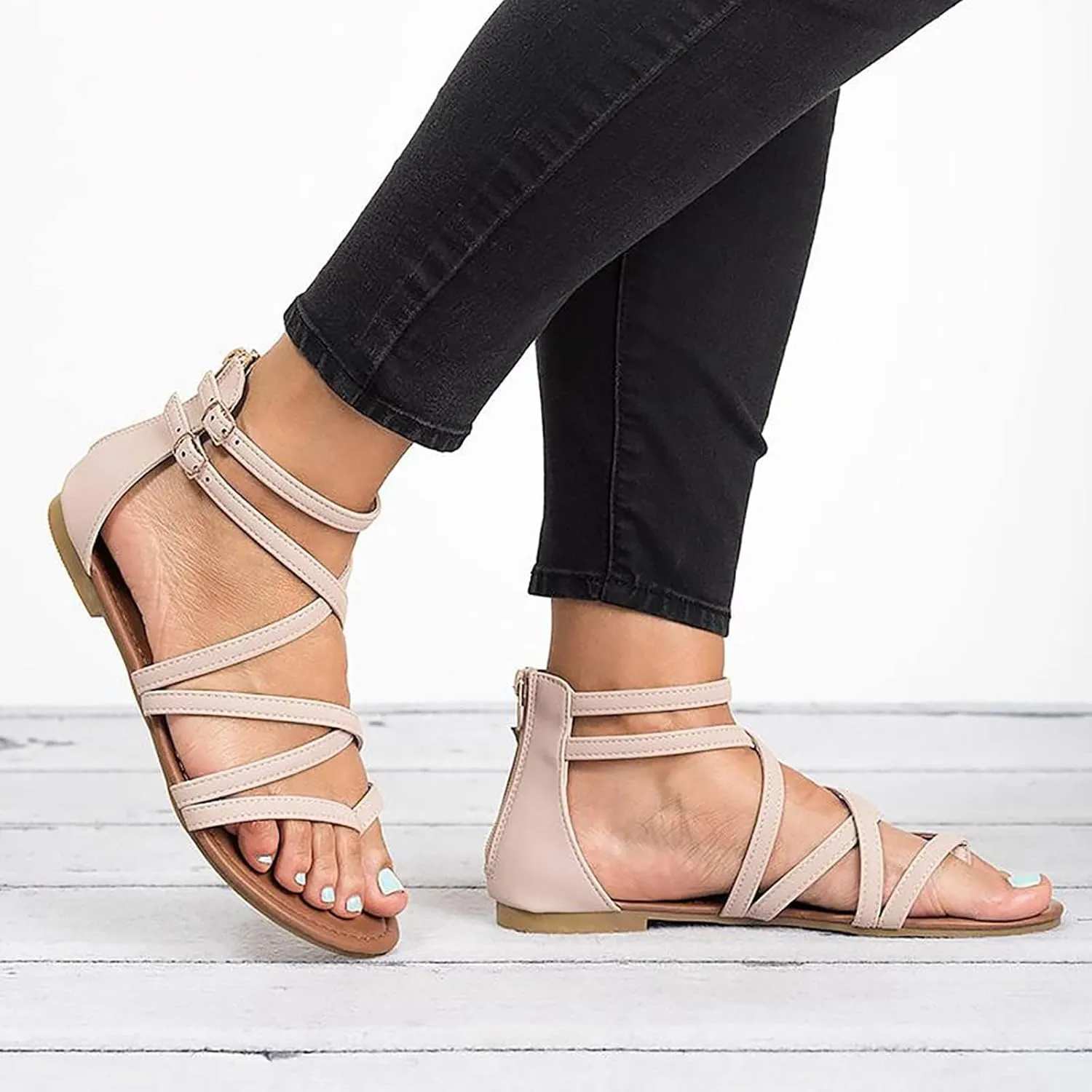 Gladiator Strappy Sandals for Women Thong Cross Strap Sandals Dressy Summer Comfortable Flat Roman Sandal with Back Zipper