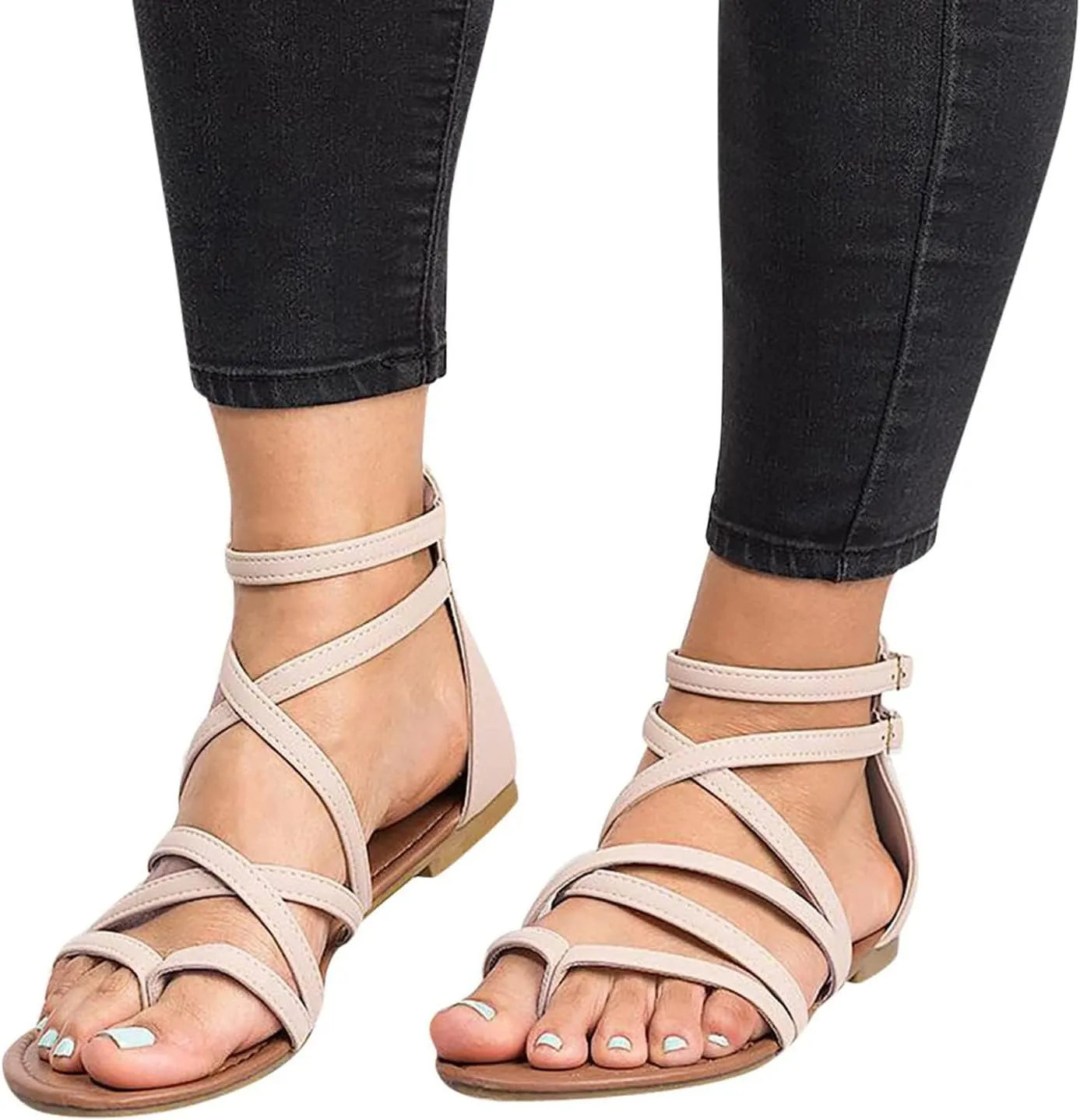 Gladiator Strappy Sandals for Women Thong Cross Strap Sandals Dressy Summer Comfortable Flat Roman Sandal with Back Zipper