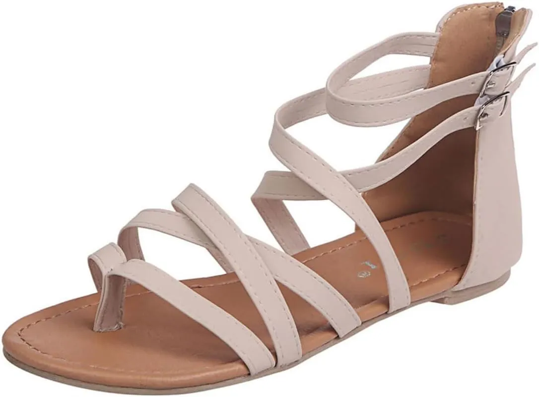 Gladiator Strappy Sandals for Women Thong Cross Strap Sandals Dressy Summer Comfortable Flat Roman Sandal with Back Zipper