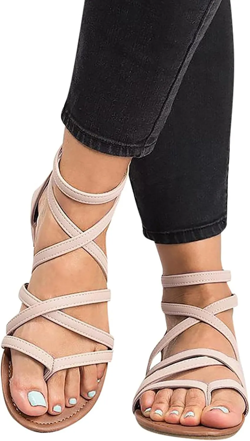 Gladiator Strappy Sandals for Women Thong Cross Strap Sandals Dressy Summer Comfortable Flat Roman Sandal with Back Zipper