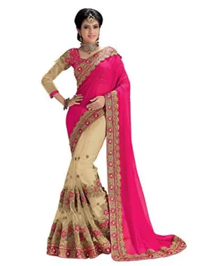 Kanchnar Women's Pink and Beige Georgette and Net Heavy Embroidery Wedding Wear Saree with Embroidered blouse piece,Best Selling Sari For Party Wear,Girls Clothing