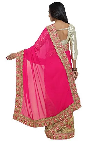 Kanchnar Women's Pink and Beige Georgette and Net Heavy Embroidery Wedding Wear Saree with Embroidered blouse piece,Best Selling Sari For Party Wear,Girls Clothing