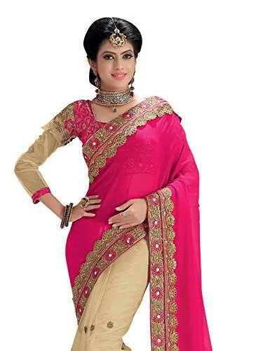 Kanchnar Women's Pink and Beige Georgette and Net Heavy Embroidery Wedding Wear Saree with Embroidered blouse piece,Best Selling Sari For Party Wear,Girls Clothing