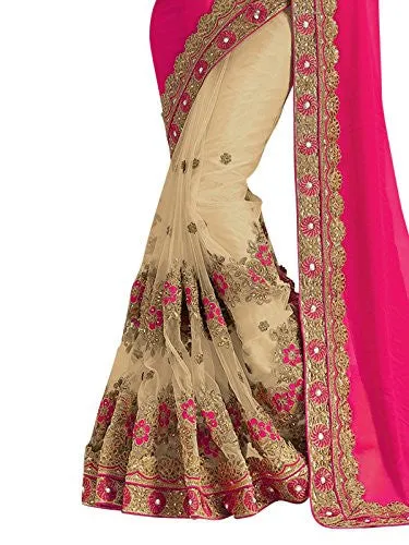 Kanchnar Women's Pink and Beige Georgette and Net Heavy Embroidery Wedding Wear Saree with Embroidered blouse piece,Best Selling Sari For Party Wear,Girls Clothing