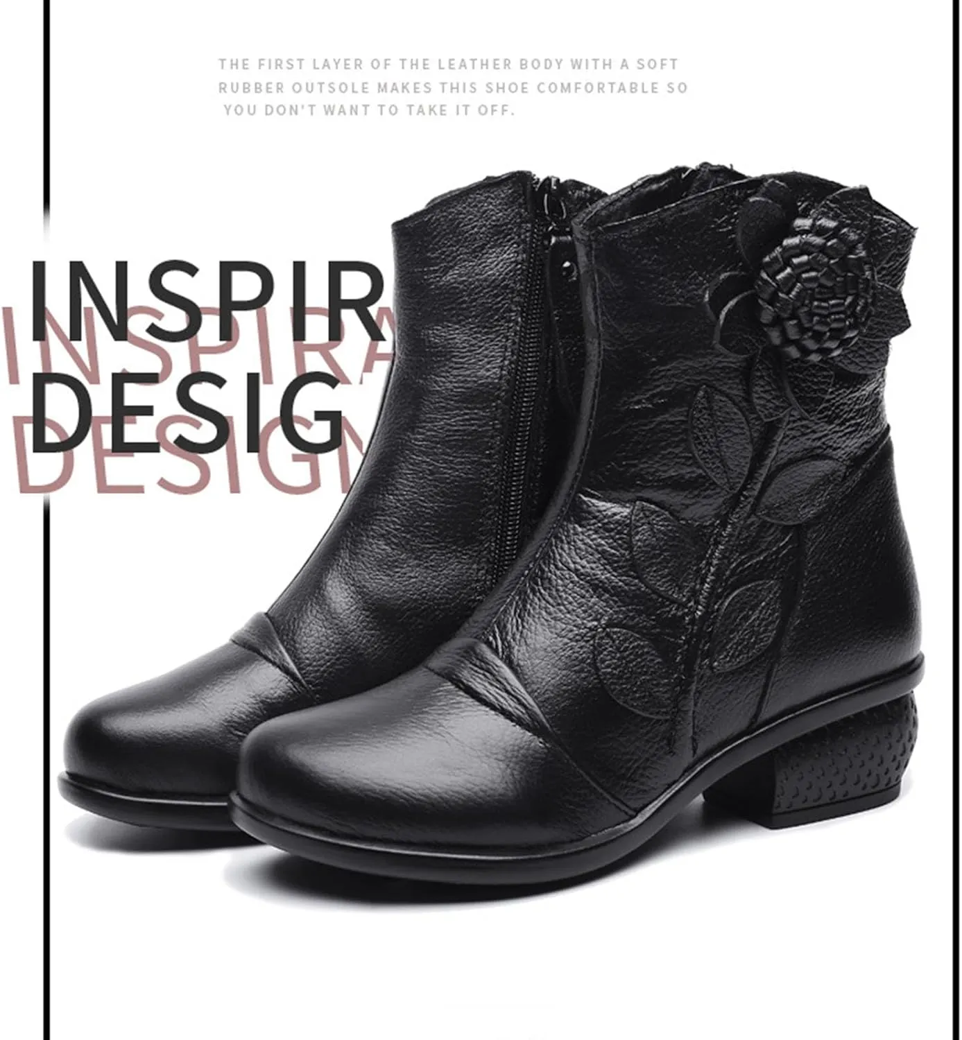 Myallfeet Women's Ethnic Style Genuine Leather Flower Ankle Boots Vintage Side Zipper Hand Sewn Wedge-Shaped Ankle Boots Fashionable Anti Slip And Comfortable Short Boots