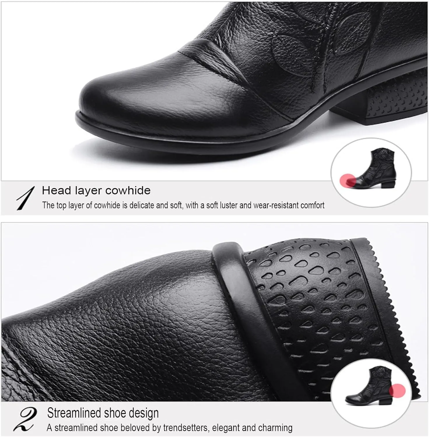 Myallfeet Women's Ethnic Style Genuine Leather Flower Ankle Boots Vintage Side Zipper Hand Sewn Wedge-Shaped Ankle Boots Fashionable Anti Slip And Comfortable Short Boots