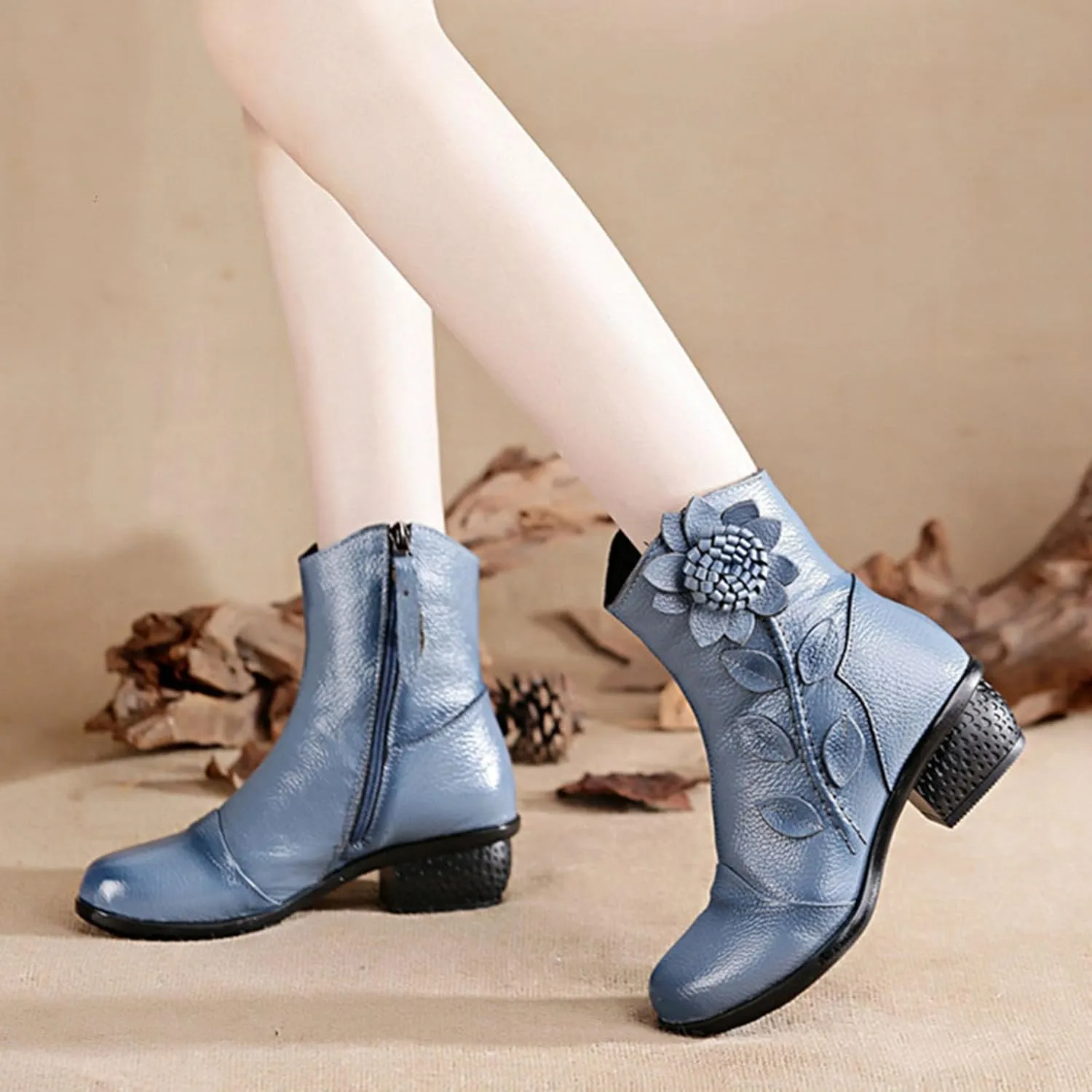 Myallfeet Women's Ethnic Style Genuine Leather Flower Ankle Boots Vintage Side Zipper Hand Sewn Wedge-Shaped Ankle Boots Fashionable Anti Slip And Comfortable Short Boots