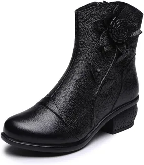 Myallfeet Women's Ethnic Style Genuine Leather Flower Ankle Boots Vintage Side Zipper Hand Sewn Wedge-Shaped Ankle Boots Fashionable Anti Slip And Comfortable Short Boots