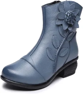 Myallfeet Women's Ethnic Style Genuine Leather Flower Ankle Boots Vintage Side Zipper Hand Sewn Wedge-Shaped Ankle Boots Fashionable Anti Slip And Comfortable Short Boots