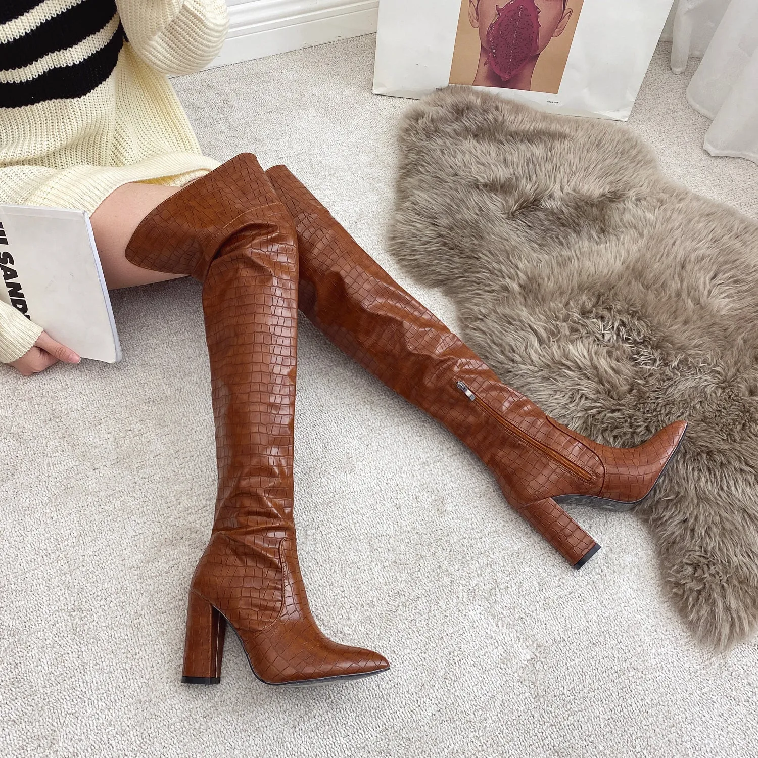 Over Knee Side Zip Heeled Boots