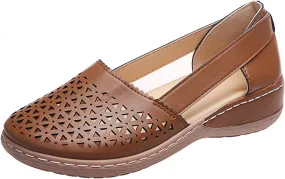 Slip On Loafers for Women Comfortable Leather Hollow Out Ballet Flats Vintage Round Toe Low Heels Orthopedic Sandals