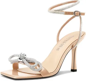 TNYNFBEB Womens Stiletto High Heel Open Square Toe Sandals Ankle Strap Two-Piece Buckle Rhinestone Crystal Bow-knot Prom Dress Summer 3.5 Inches Heels