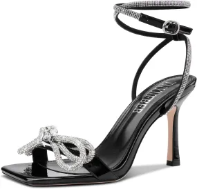 TNYNFBEB Womens Stiletto High Heel Open Square Toe Sandals Ankle Strap Two-Piece Buckle Rhinestone Crystal Bow-knot Prom Dress Summer 3.5 Inches Heels