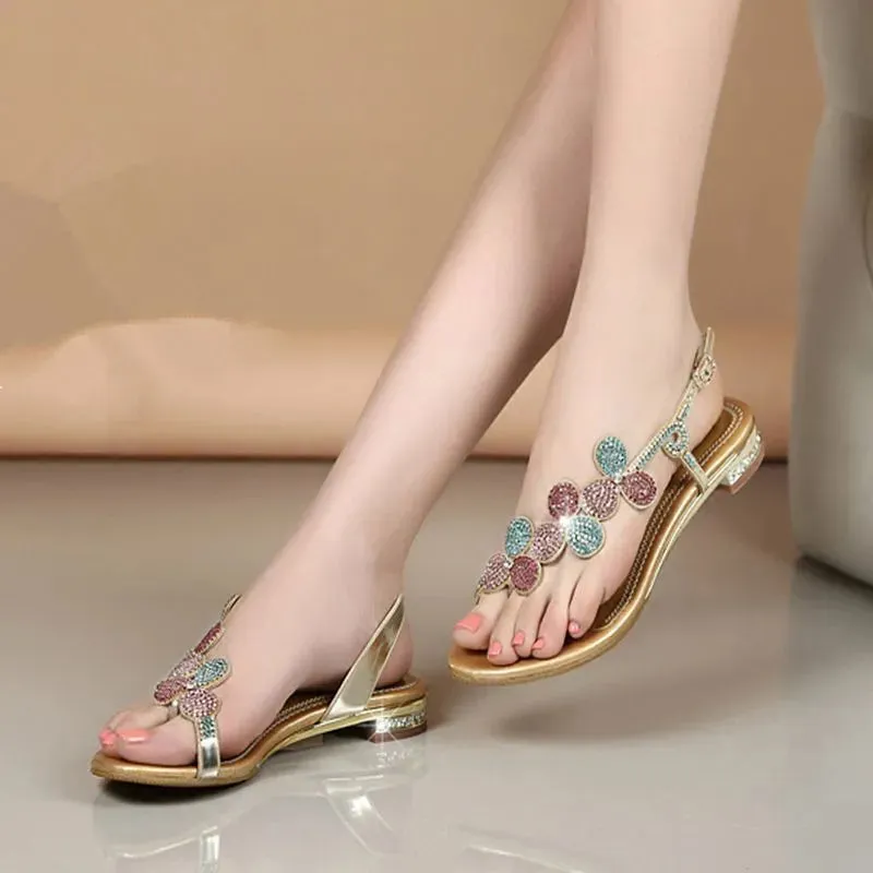 Women Summer Leather Ladies Sandals Low Heel Sandals Flat Bottom Clip Toe Thick Heel - WSD50214