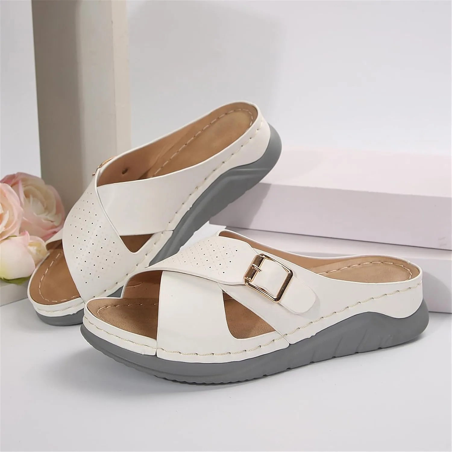 Womens Comfortable Open Toe Wedge Sandals Orthotic Walking Arch Support Slip on Summer Sandals Shoes