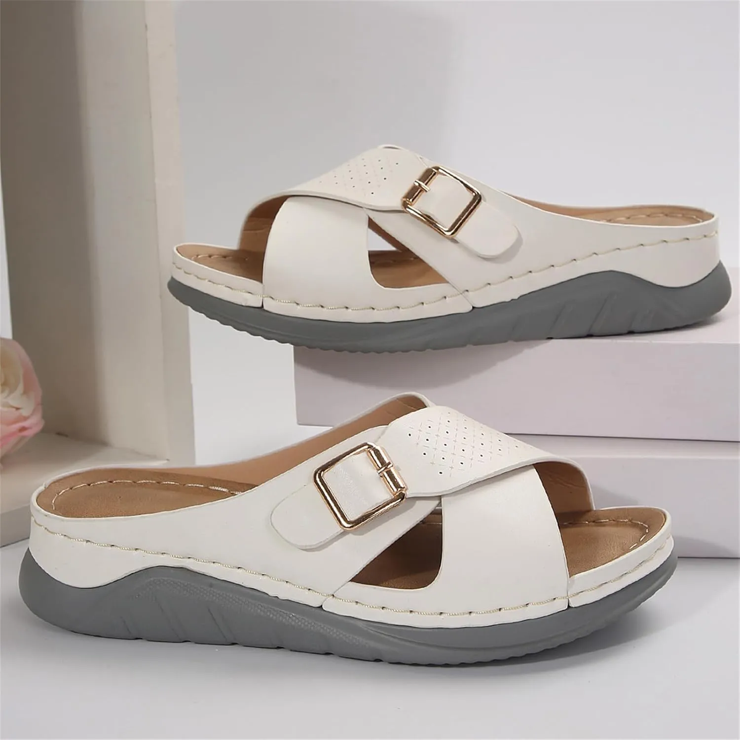 Womens Comfortable Open Toe Wedge Sandals Orthotic Walking Arch Support Slip on Summer Sandals Shoes