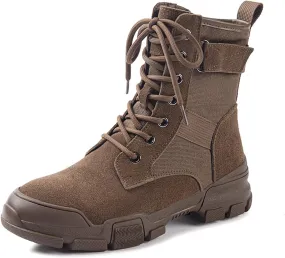Women'S Genuine Leather Lace-Up Platform Ankle Boots Fashion Round Toe Side Zipper Non-Slip Lug Sole Combat Booties Casual Comfort Office Work Dress Booties