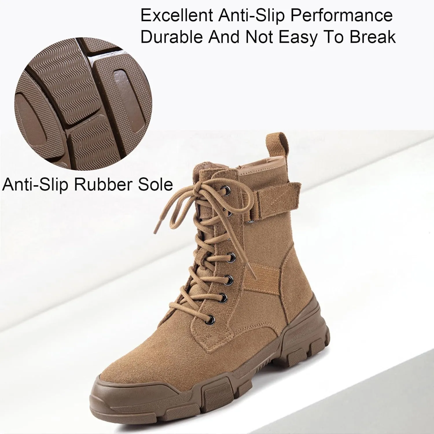 Women'S Genuine Leather Lace-Up Platform Ankle Boots Fashion Round Toe Side Zipper Non-Slip Lug Sole Combat Booties Casual Comfort Office Work Dress Booties