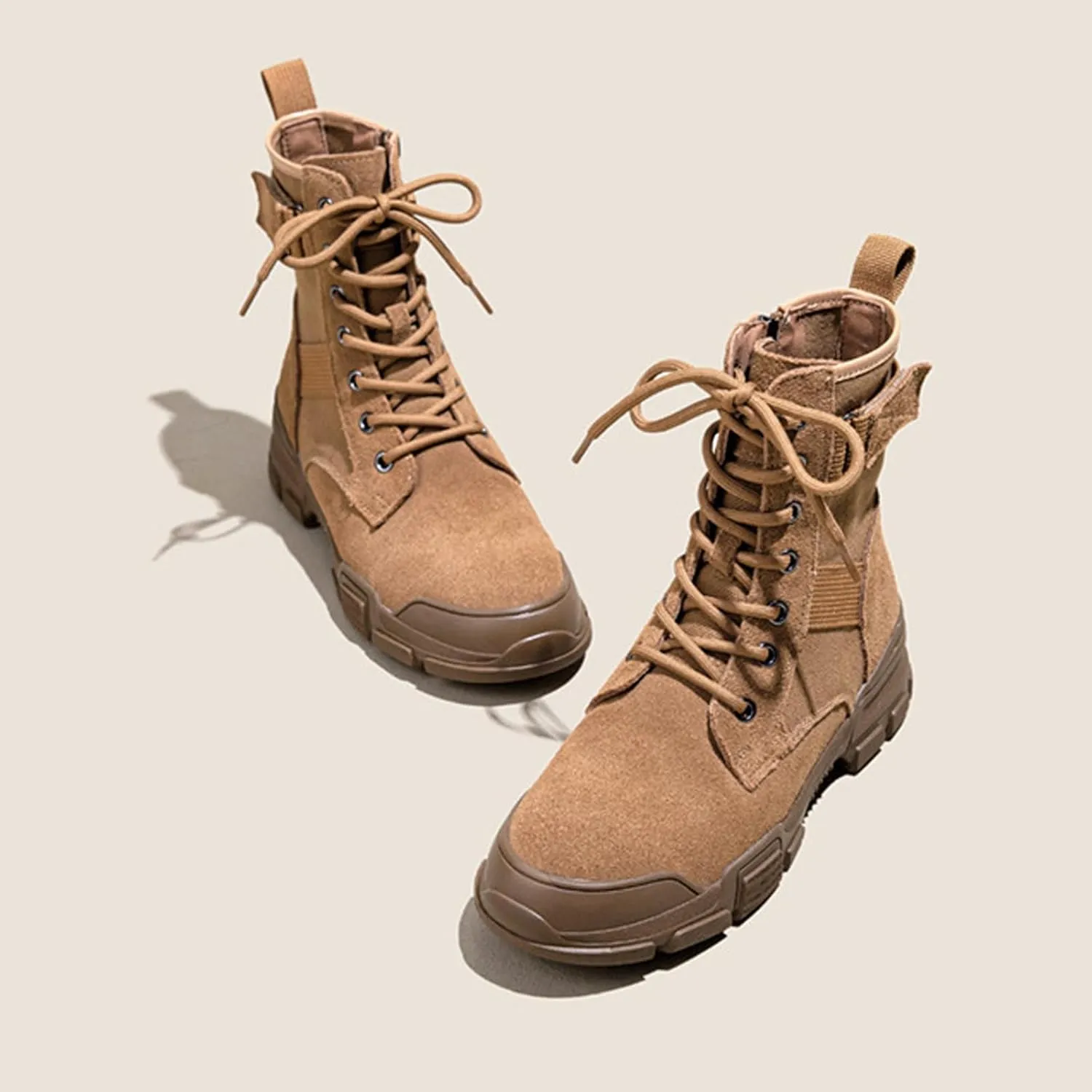 Women'S Genuine Leather Lace-Up Platform Ankle Boots Fashion Round Toe Side Zipper Non-Slip Lug Sole Combat Booties Casual Comfort Office Work Dress Booties