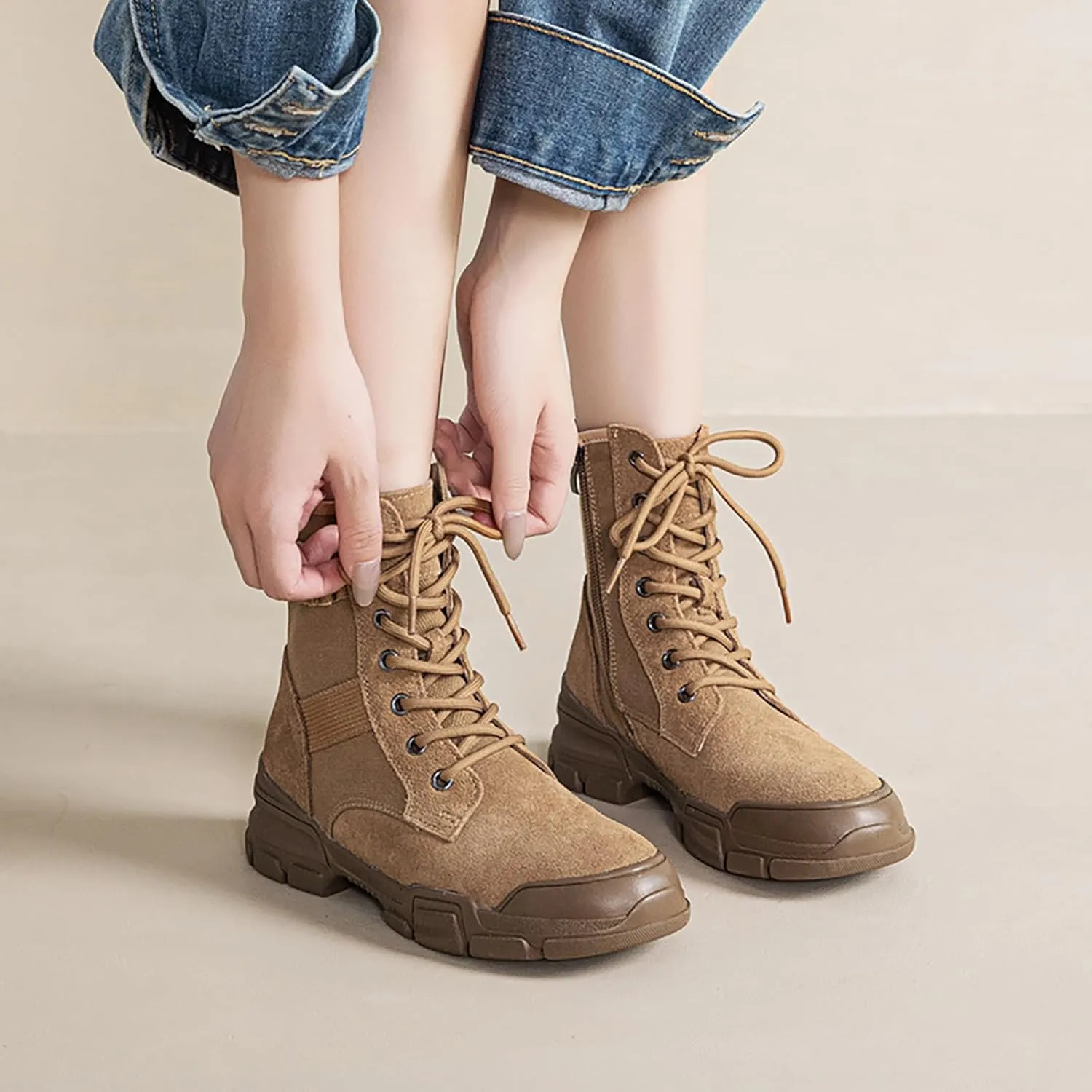 Women'S Genuine Leather Lace-Up Platform Ankle Boots Fashion Round Toe Side Zipper Non-Slip Lug Sole Combat Booties Casual Comfort Office Work Dress Booties