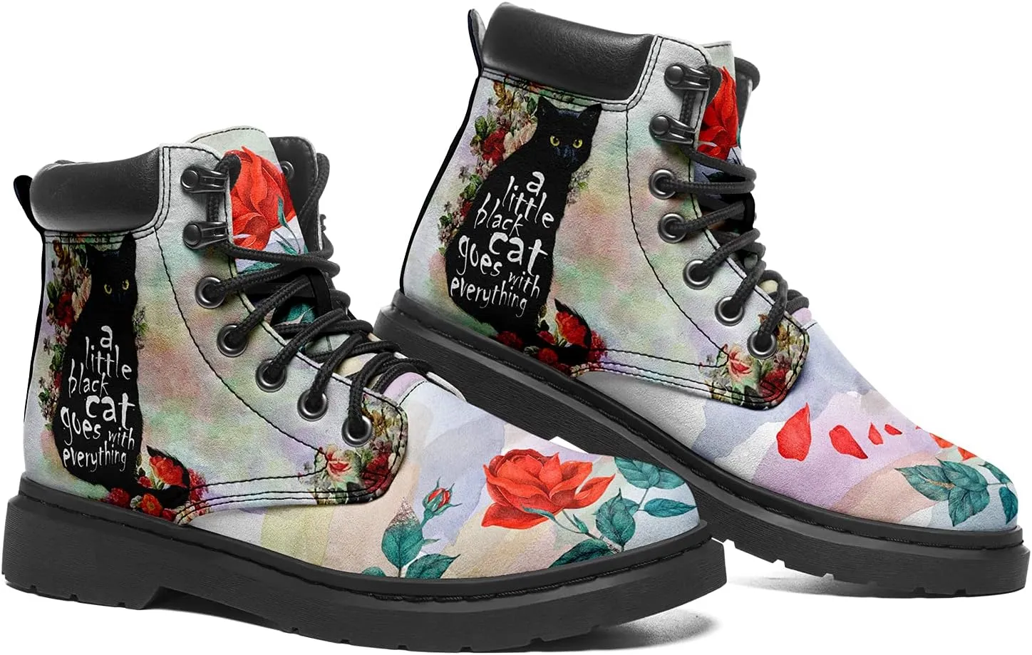 Women's Pet Print Classic Boots Low Heel Ankle Booties Lace-Up Fashionable Combat Boots