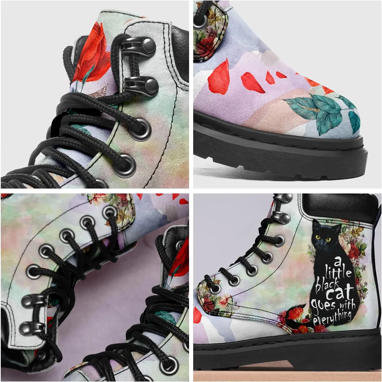 Women's Pet Print Classic Boots Low Heel Ankle Booties Lace-Up Fashionable Combat Boots