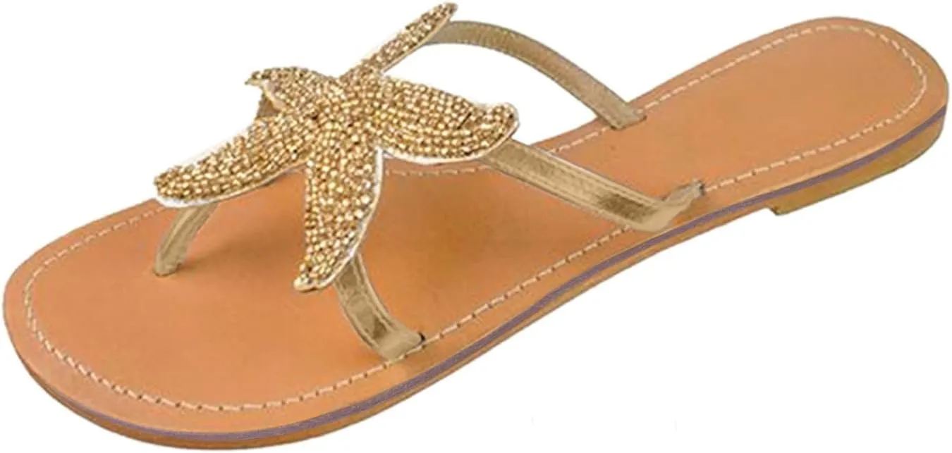 Womens Sandals, Women's Flat Beach Sandals Cute Starfish Sandals Clip Toe Flip Flops Comfortable Outdoor Travel Sandals Summer Slippers