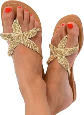 Womens Sandals, Women's Flat Beach Sandals Cute Starfish Sandals Clip Toe Flip Flops Comfortable Outdoor Travel Sandals Summer Slippers